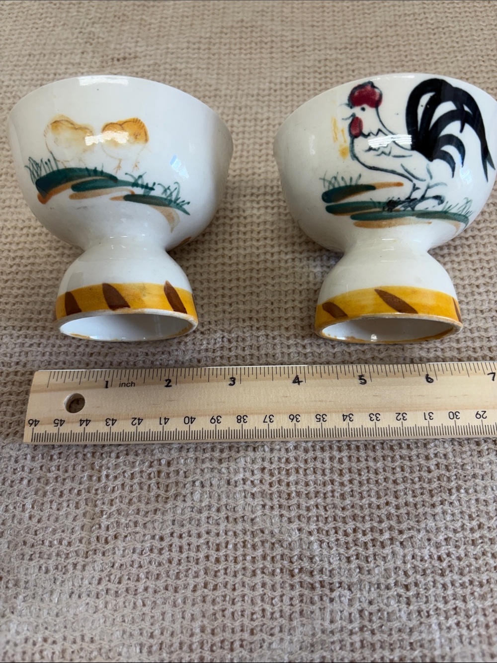 Vintage White Ceramic Egg Cups with Rooster and Chick Motifs
